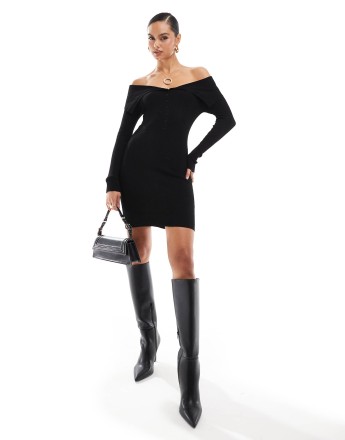 Stradivarius off shoulder button detail knitted mini dress in black