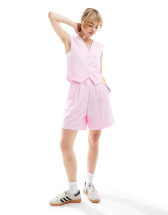 Glamorous high waisted city shorts in pink white stripe co-ord