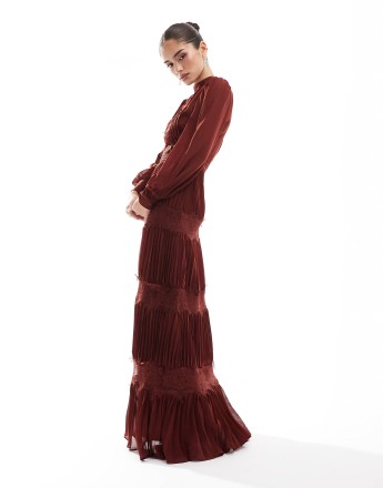 True Decadence High-neck pleated maxi dress in burgundy