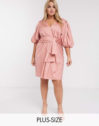 Forever New Curve spot jacquard tie mini dress in blush