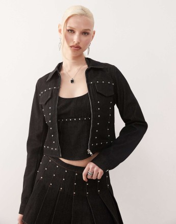 Motel ronira stud detail fitted denim jacket in washed black