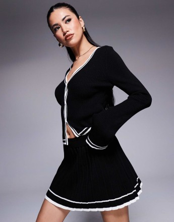 Missyempire knitted mono contrast piping pleated mini skirt co-ord in black
