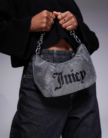 Juicy Couture small diamante logo shoulder bag in black/silver