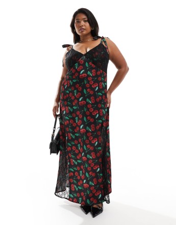Renee Studio Plus x Holly Wynne exclusive cami tie sleeve maxi satin slip dress in black cherry print