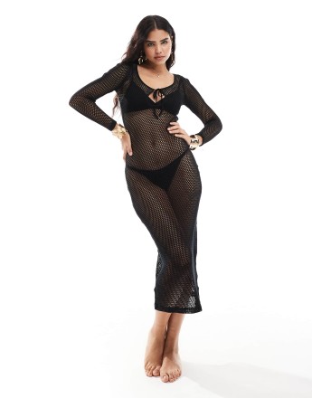 Iisla & Bird long sleeve tie front knit maxi beach dress in black