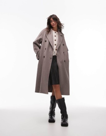 Mango double breasted longline wool coat in brown