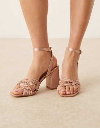 Be Mine Wide Fit Bridal Snuggle plisse block heeled sandals in champagne