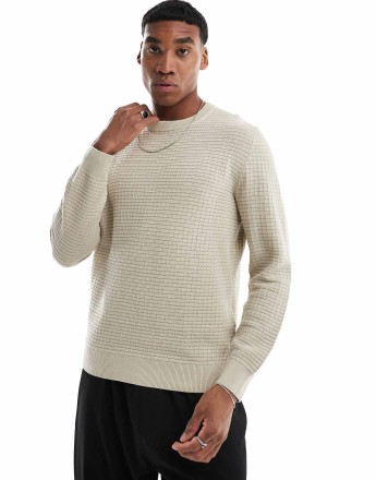 ONLY & SONS waffle crew neck jumper in beige