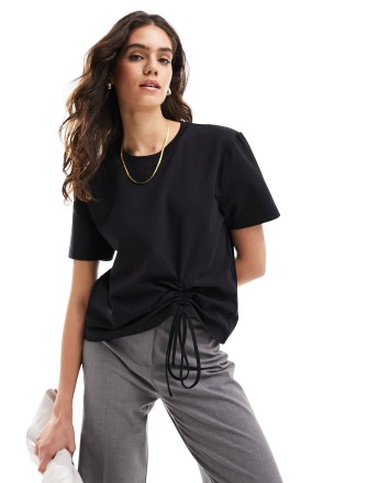 French Connection Rallie ruched cotton t-shirt in black