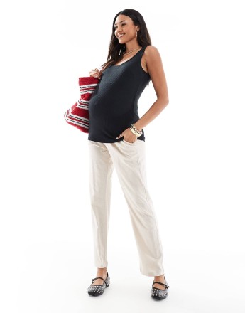 Mamalicious Maternity under the bump lightweight summer wide leg trousers in cream