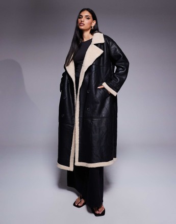Princess Polly leather look contrast faux shearling button front longline coat in black and beige