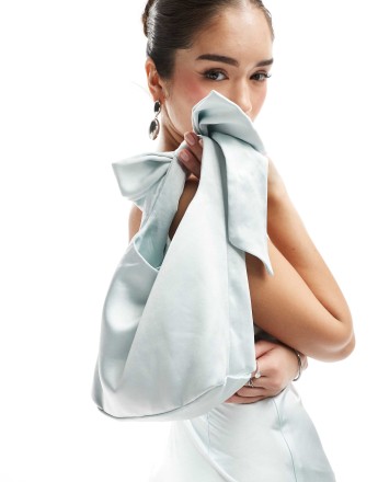 Six Stories Bridesmaid satin bow pouch bag in ice blue