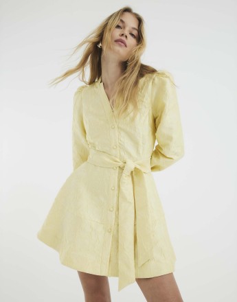 River Island Belted jacquard mini dress in yellow light