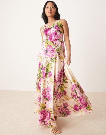 Hope & Ivy Petite cross back strappy maxi dress in white pink floral