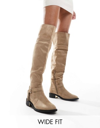 SEQWL Wide Fit over the knee flat boots with tassle in taupe
