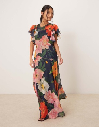 Hope & Ivy Petite waterfall sleeve cowl neck maxi dress in navy floral