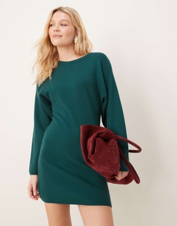 Gina Tricot sculpted crew neck knitted mini dress in dark green