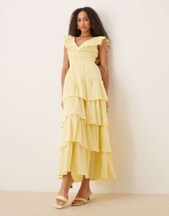 Pretty Lavish shirred ruffle maxi dress in lemon