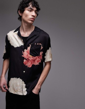 AllSaints Fleur short sleeve shirt in black floral