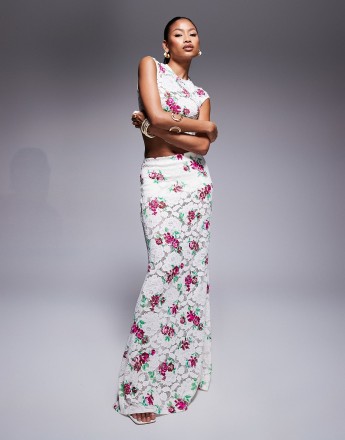 AFRM crochet lace maxi skirt co-ord in rose floral