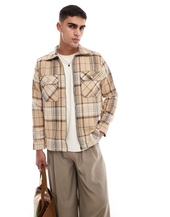 ONLY & SONS zip through wool look overshirt in beige check