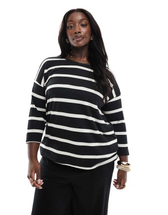 ONLY Curve 3/4 length sleeve top in black and cream stripe