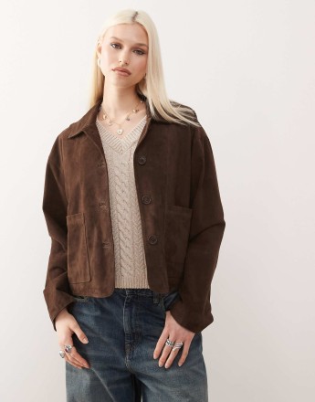 Barneys originals real suede boxy harrington in chocolate