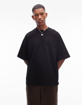 Topman premium heavyweight oversized fit mid sleeve t-shirt 300gsm in black