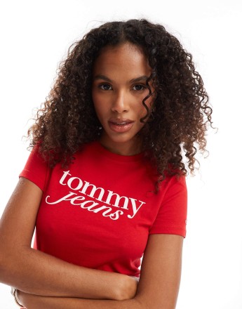 Tommy Jeans retro script baby t-shirt in red and white