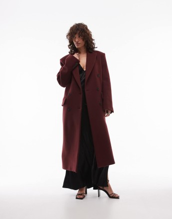 ARKET wool blend double breasted maxi coat in dark burgundy